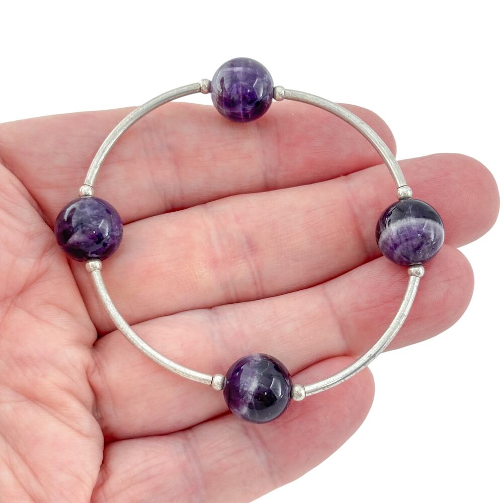 Vintage Sterling Silver 925 Amethyst Stretch Bracelet 6.75"